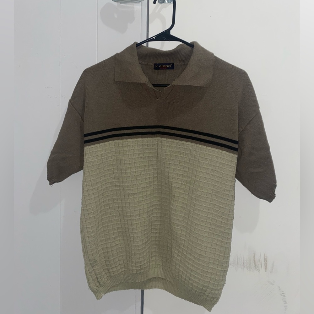 Wool Short Sleeved Textured Light Green and Brown collar Sweater Top S-M size